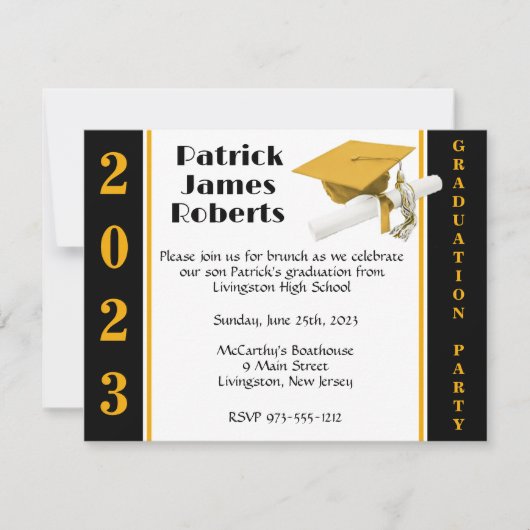 Cap & Diploma, Gold & Black Abschluss Einladung (Vorderseite)