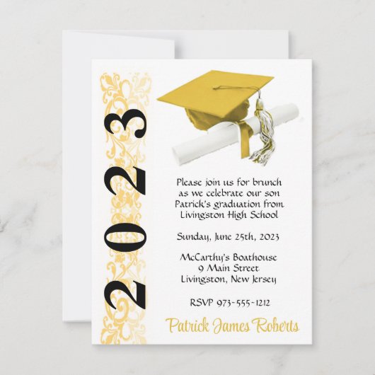 Cap & Diploma, Gold & Black Abschluss Einladung (Vorderseite)
