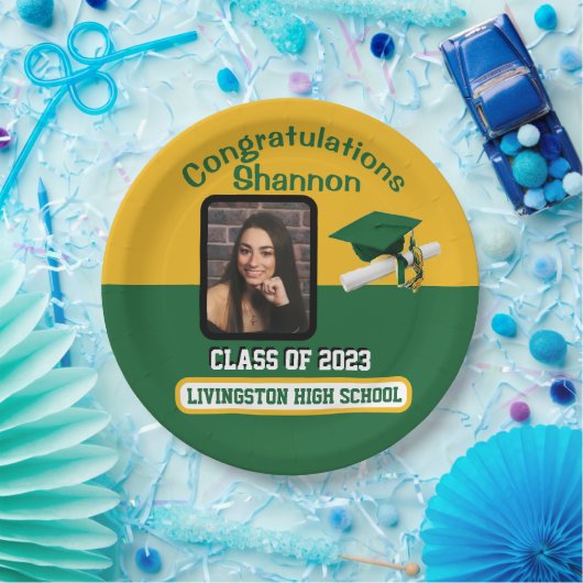 Cap & Diploma, Green & Gold Abschluss Pappteller (Party)