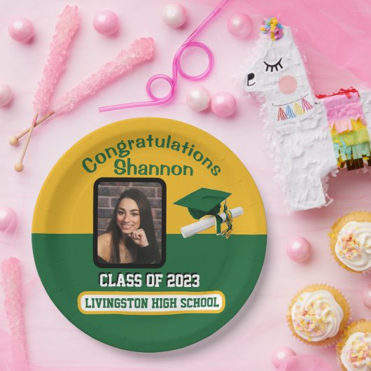 Cap & Diploma, Green & Gold Abschluss Pappteller (Party)