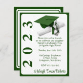 Cap & Diploma, Green & White Abschluss Einladung (Vorne/Hinten)