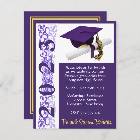 Cap & Diploma, Lila & Gold Abschluss Einladung (Vorne/Hinten)