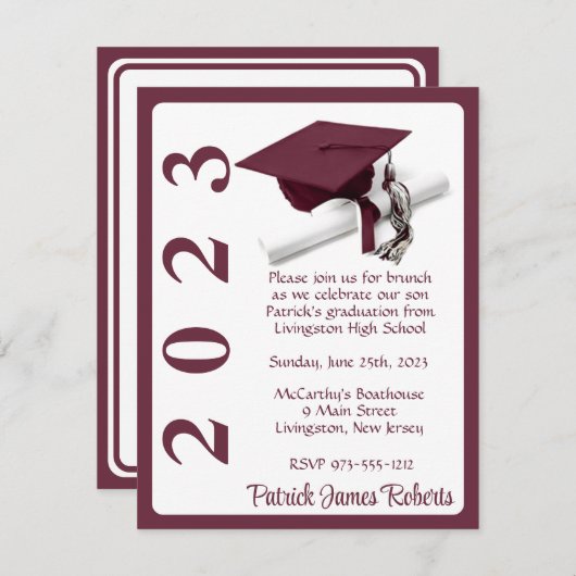 Cap & Diploma, Maroon & White Abschluss Einladung (Vorne/Hinten)