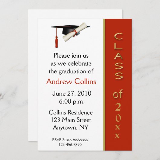 Cap Diploma Red Gold Abschluss Einladung (Vorne/Hinten)