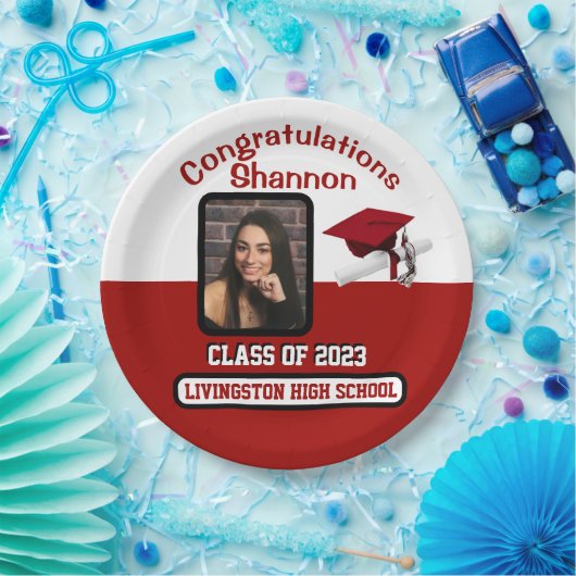 Cap & Diploma, Red & White Abschluss Pappteller (Party)