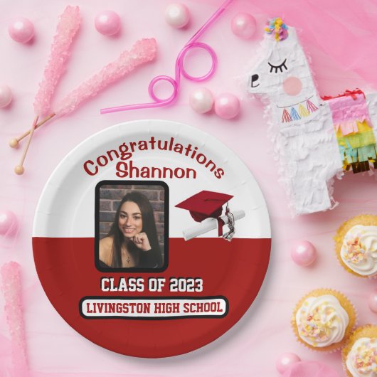 Cap & Diploma, Red & White Abschluss Pappteller (Party)