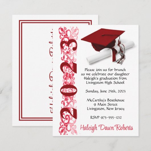 Cap & Diploma, Roter Abschluss Einladung (Vorne/Hinten)