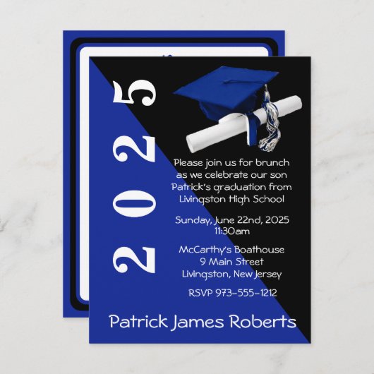Cap & Diploma, Royal Blue & Black Abschluss Einladung (Vorne/Hinten)
