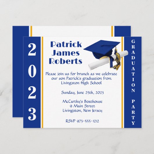 Cap & Diploma, Royal Blue & Gold Abschluss Einladung (Vorne/Hinten)