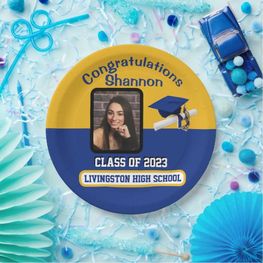 Cap & Diploma, Royal Blue & Gold Abschluss Pappteller (Party)