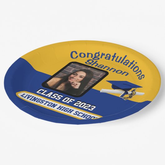 Cap & Diploma, Royal Blue & Gold Abschluss Pappteller (Schrägansicht)