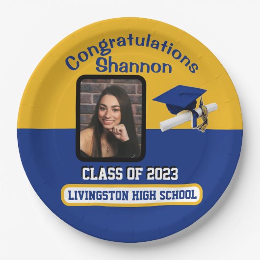 Cap & Diploma, Royal Blue & Gold Abschluss Pappteller (Vorderseite)