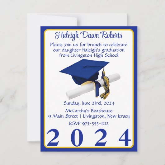 Cap & Diploma Royal Blue & Gold Graduation Party Einladung (Vorderseite)