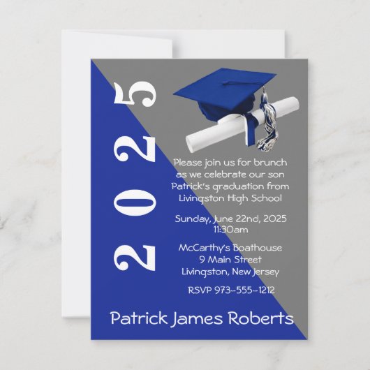 Cap & Diploma, Royal Blue & Gray Abschluss Einladung (Vorderseite)
