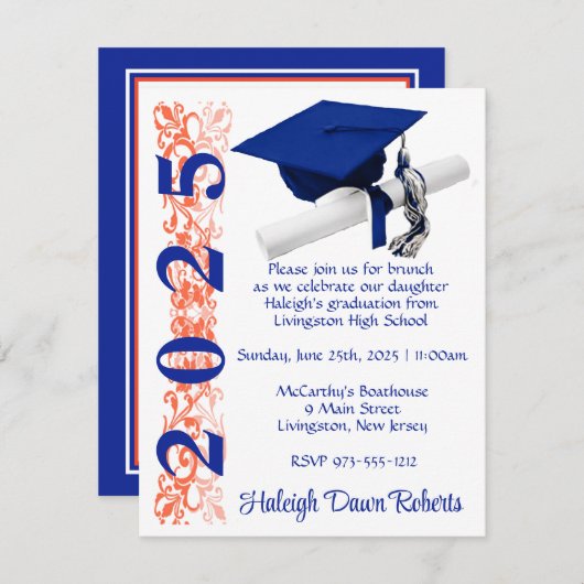 Cap & Diploma, Royal Blue & Orange Abschluss Einladung (Vorne/Hinten)
