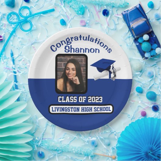 Cap & Diploma, Royal Blue & White Abschluss Pappteller (Party)