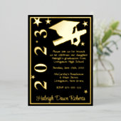 Cap, Diploma, Stars Black & Gold Abschluss Folieneinladung (Stehend vorne)