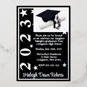 Cap, Diploma, & Stars, Black & Silver Abschluss F Folieneinladung