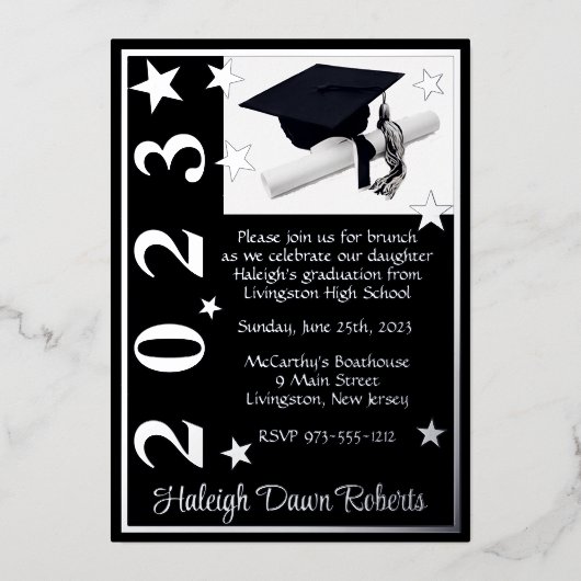 Cap, Diploma, & Stars, Black & Silver Abschluss F Folieneinladung (Vorderseite)