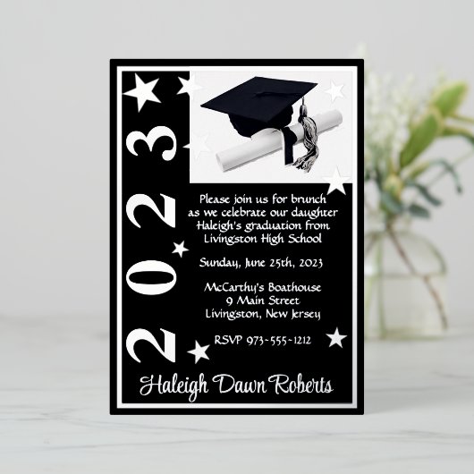 Cap, Diploma, & Stars, Black & Silver Abschluss F Folieneinladung (Stehend vorne)