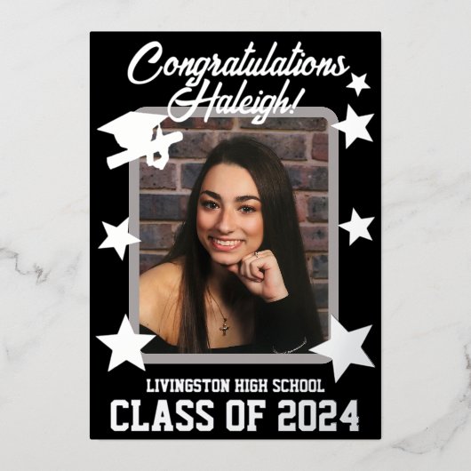 Cap, Diploma & Stars, Black & Silver Abschluss Folieneinladung (Vorderseite)