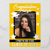 Cap, Diploma, & Stars, Gold & Black Abschluss Folieneinladung (Vorderseite)