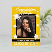 Cap, Diploma, & Stars, Gold & Black Abschluss Folieneinladung (Stehend vorne)