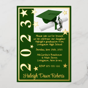 Cap, Diploma, & Stars, Green & Gold Abschluss Folieneinladung