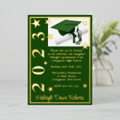 Cap, Diploma, & Stars, Green & Gold Abschluss Folieneinladung (Stehend vorne)