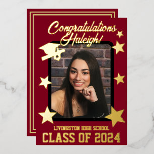 Cap Diploma & Stars Kardinal Red & Gold Abschluss Folieneinladung