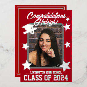 Cap Diploma & Stars Red & Silver Abschluss Folieneinladung