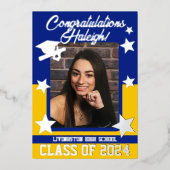 Cap, Diploma, Stars, Royal Blue & Gold Abschluss Folieneinladung (Vorderseite)