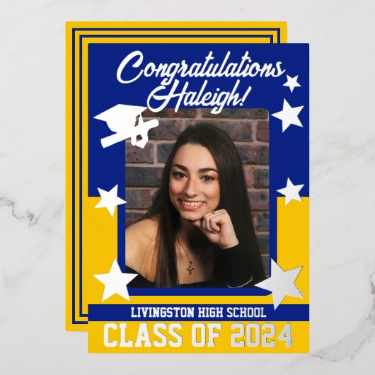 Cap, Diploma, Stars, Royal Blue & Gold Abschluss Folieneinladung (Vorderseite/Rückseite)
