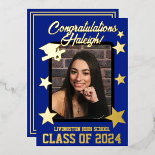 Cap, Diploma & Stars, Royal Blue & Gold Abschluss Folieneinladung
