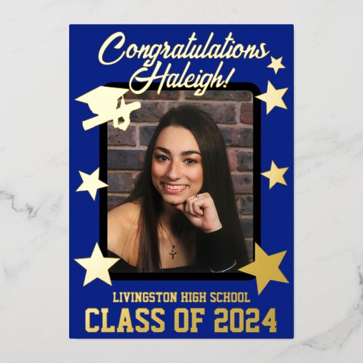 Cap, Diploma & Stars, Royal Blue & Gold Abschluss Folieneinladung (Vorderseite)