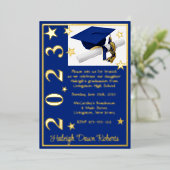 Cap, Diploma & Stars, Royal Blue & Gold Abschluss Folieneinladung (Stehend vorne)