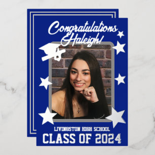Cap, Diploma, Stars Royal Blue & Silver Abschluss Folieneinladung