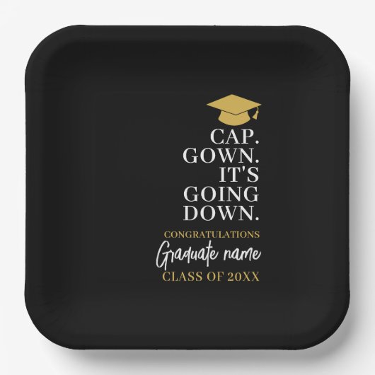 Cap Gown Es geht nach unten - Name Moderner Abschl Pappteller (Vorderseite)