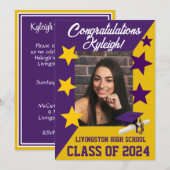 Cap & Stars 12x18 Lila und Gold Abschluss Einladung (Vorne/Hinten)