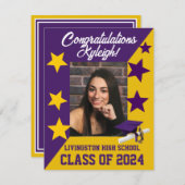 Cap & Stars Lila und Gold Abschluss Einladung (Vorne/Hinten)