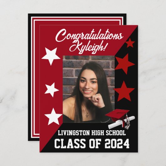 Cap & Stars Scarlet Rot & Schwarz Abschluss Einladung (Vorne/Hinten)