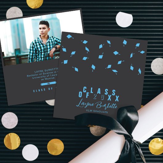 Cap Toss Gray & Blue Graduation Announcement Einladung