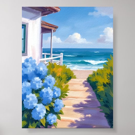 Cape Cod Beach Path | Hydrangea Küstenmalerei Poster (Vorne)