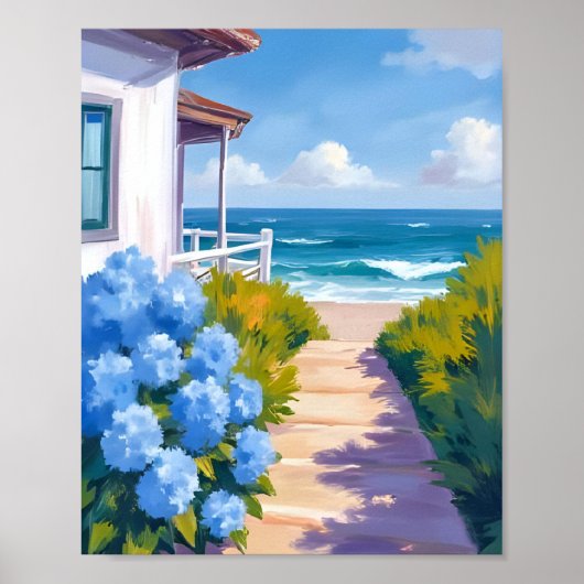 Cape Cod Beach Path | Hydrangea Küstenmalerei Poster (Vorne)