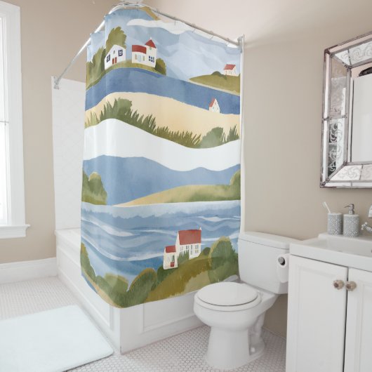 Cape Cod Bucht | Ozean Strand Küstenwasserfarbe Duschvorhang (Beispiel)