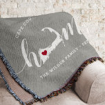 Cape Cod Home Town Personalized Decke<br><div class="desc">Show some hometown pride with this cute rustic gray throw blanket featuring "home" in white calligraphy script lettering with a silhouette map of Cape Cod standing in for the letter "O." A red heart illustration inside the state map completes the design; you can change the position of the heart to...</div>