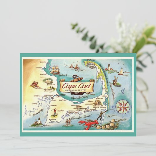 Cape Cod MA 5x7 Map Postcard Dankeskarte (Stehend Vorderseite)