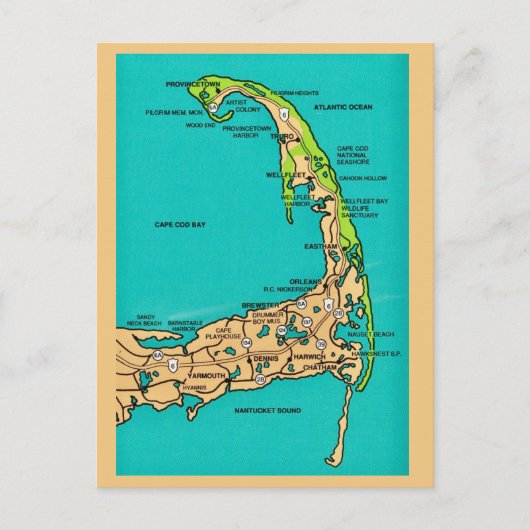 Cape Cod MA Karte Postkarte (Vorderseite)