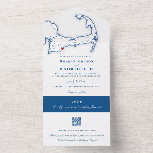 Cape Cod Map Elegant Navy Hochzeit All In One Einladung (Innen Boden)