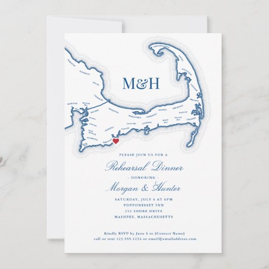 Cape Cod Map Elegante Probe Abendessen Einladung (Vorderseite)